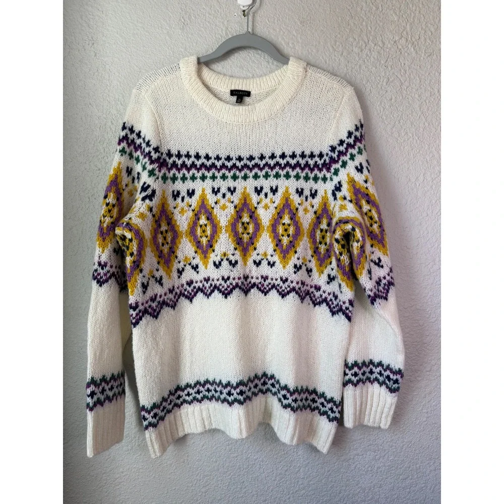 Talbots Womens XL Fair Isle Knit Sweater Ivory Purple Yellow‎ Diamond Wool Blend